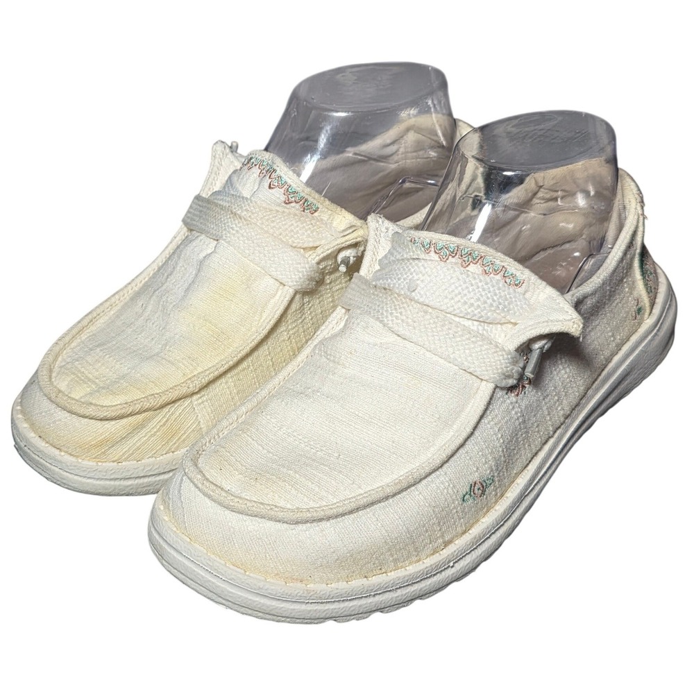 Hey Dude Wendy Cream Boho‎ Embroidered Canvas Slip On Loafers Shoes Womens